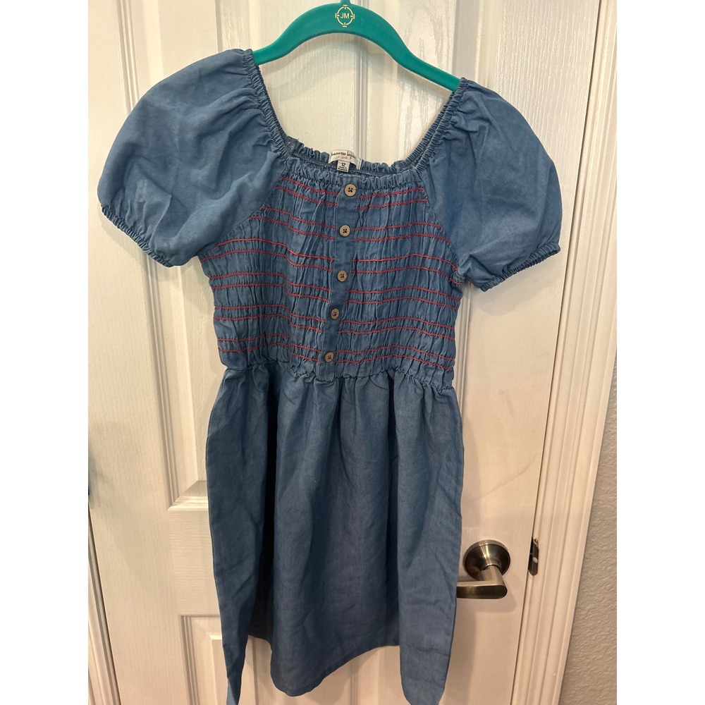 Nanette Lepore Dress Blue Chambray Smocked Red Embroidery‎ 12 Boho Bin A